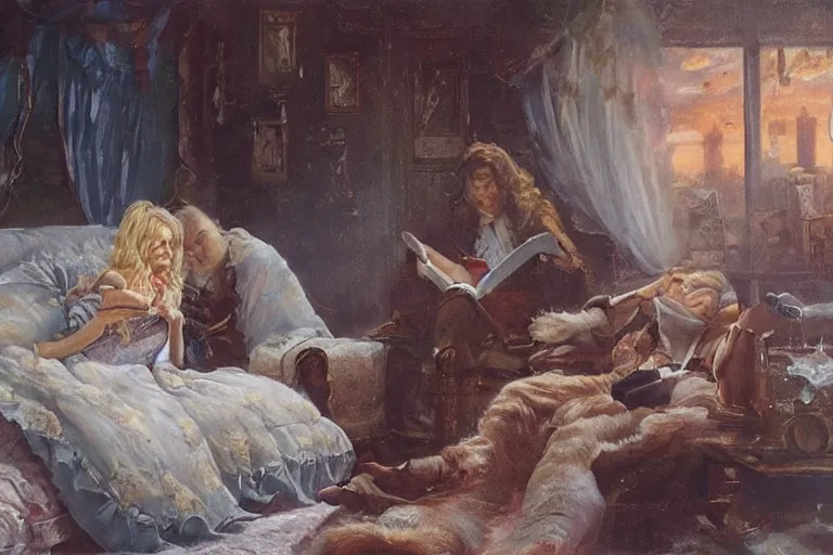 Image similar to portrait of dolly parton reading a bedtime story to jim carrey in bed, an oil painting by ross tran and thomas kincade