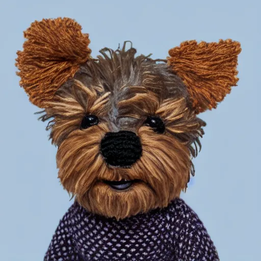 Image similar to a closeup photorealistic smiling knitted plush yorkshire terrier.