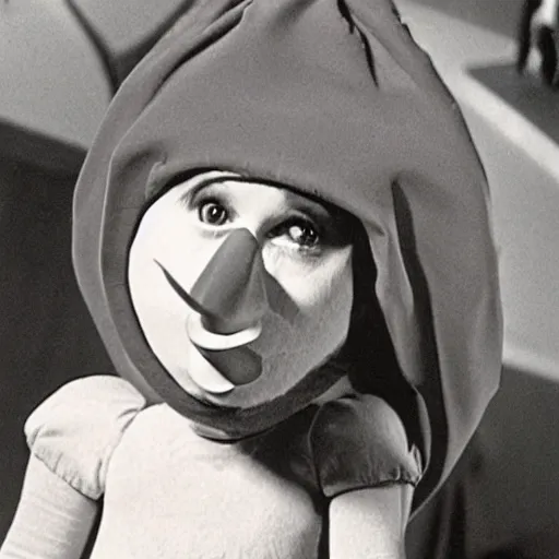 Image similar to Still from a children's television show about a woman dressed as a nostril, color 1980