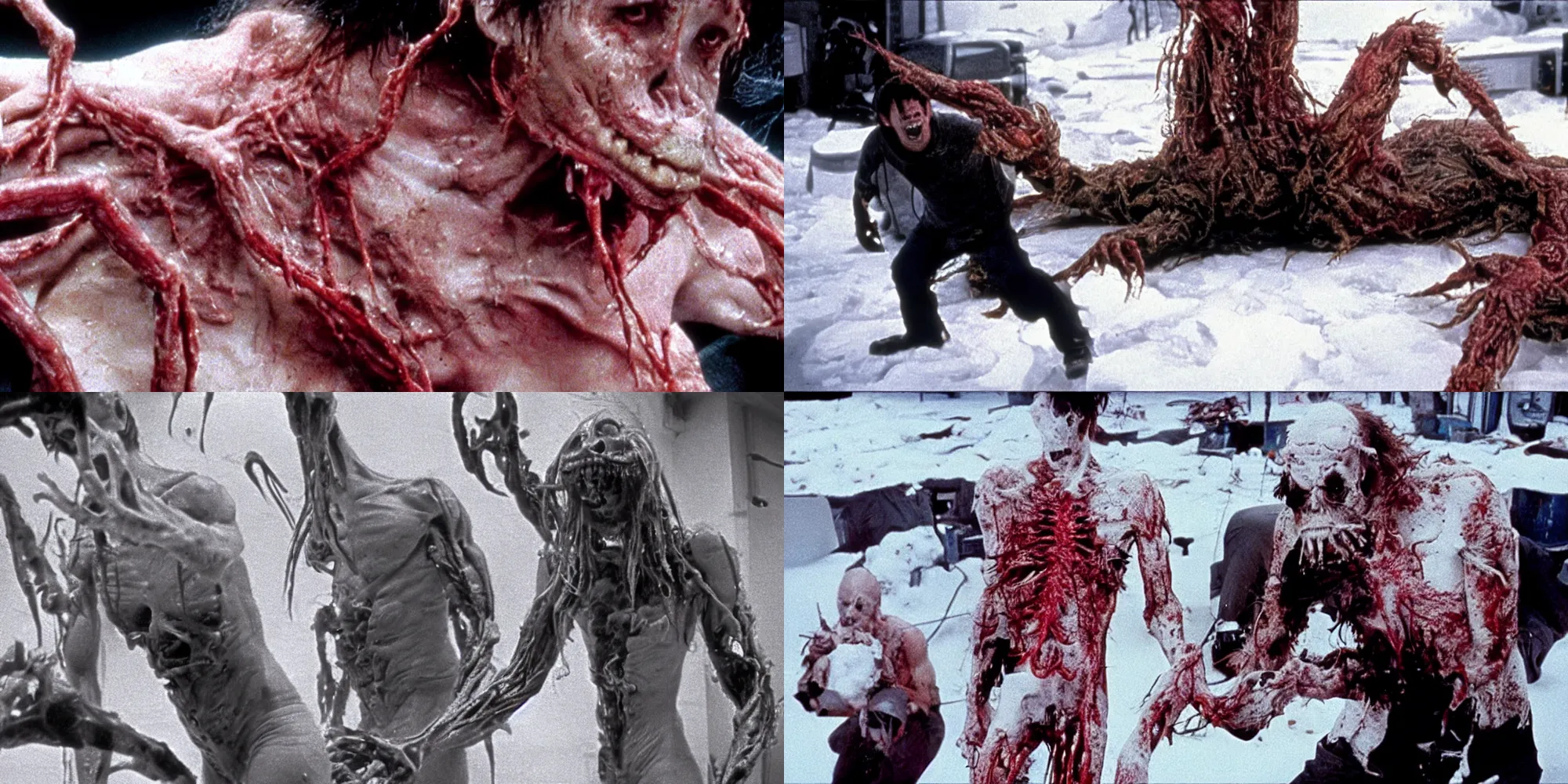 Prompt: korn body horror in the thing ( 1 9 8 2 ) directed by john carpenter, limb mutations, swollen veins, red flesh strings, antarctica, snow, flamethrower, cinestill 8 0 0 t, 1 9 8 0 s movie still, film grain