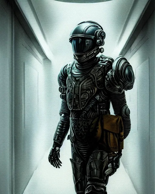 Prompt: ultra realist and ultra intricate detailed soft painting of a sci-fi armored male, helmet, walking down futuristic hallway, sensual gloomy style, volumetric clouds, unreal render, depth of field