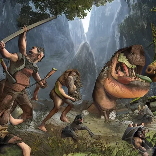 Image similar to A large dinosaur! fighting with several realistic detailed cavemen with proportioned bodies, next to the dinosaur are cavemen, the cavemen are armed with spears, the caveman are in a fighting stance, the cavemen are wearing animal furs, one caveman is stabbing the dinosaur with his spear, one caveman is cowering in fear, coarse canvas, visible brushstrokes, intricate, extremely detailed painting by William Turner (and by Greg Rutkowski)