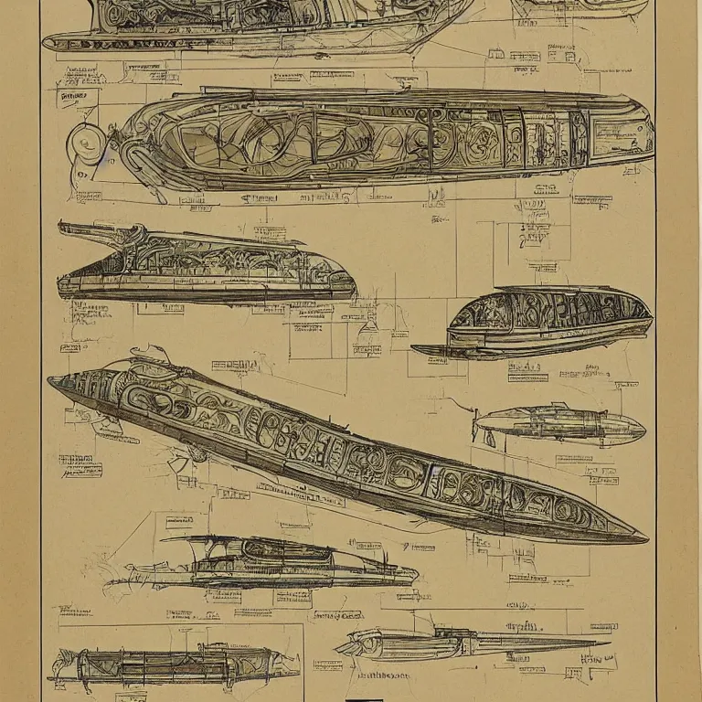 Image similar to detailed, intricate technical drawings on parchment from 1 8 4 0, with labels and notes, for a beautiful, symmetric, art deco submarine cutaway, by ron cobb and alphonse mucha