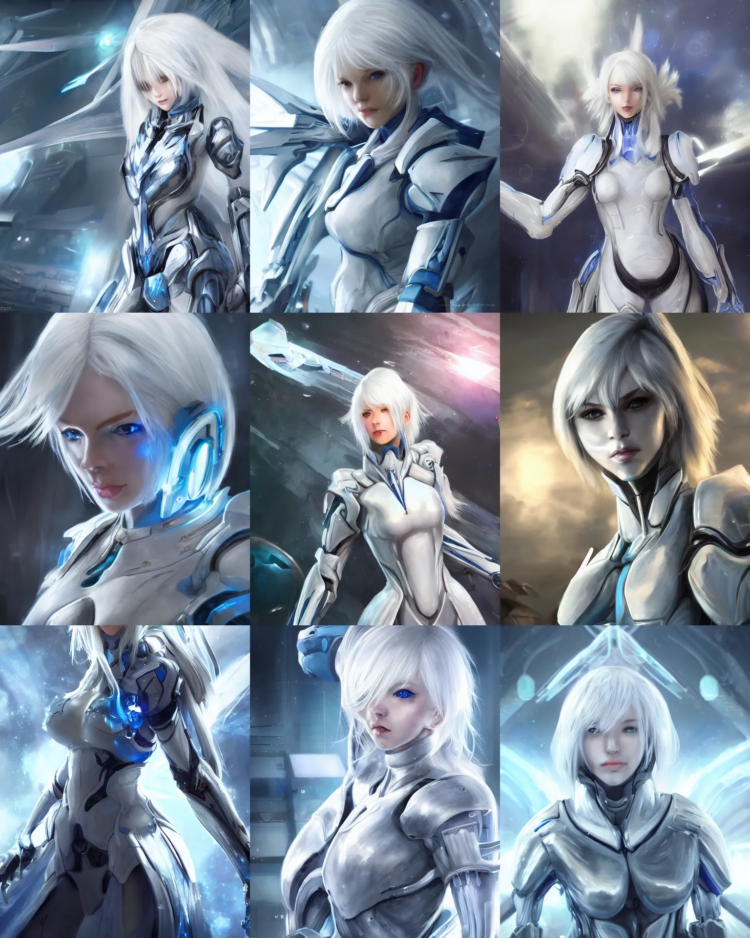 Image similar to perfect white haired girl, warframe armor, beautiful, dreamy, pretty face, blue eyes, portrait, bright light, scifi, utopian architecture in the background, laboratory, 4 k, high definition, ultra realistic, aura of light, cinematic, extreme details, focused, masterpiece, art by akihito tsukushi, akasuki brightmind