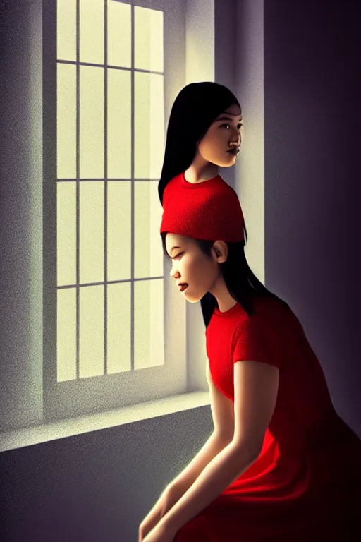 Image similar to joana sitting lookin at window composition : dynamic lighting, digital painting, center of interest, intricate, proportion, highly quality, balance, unity, extremely highly detailed. by bambang nurdianshyah ( details and background ) garis edelweiss ( lighting ) roby dwi antono ( character ) kira ayn varszegi ( dress )