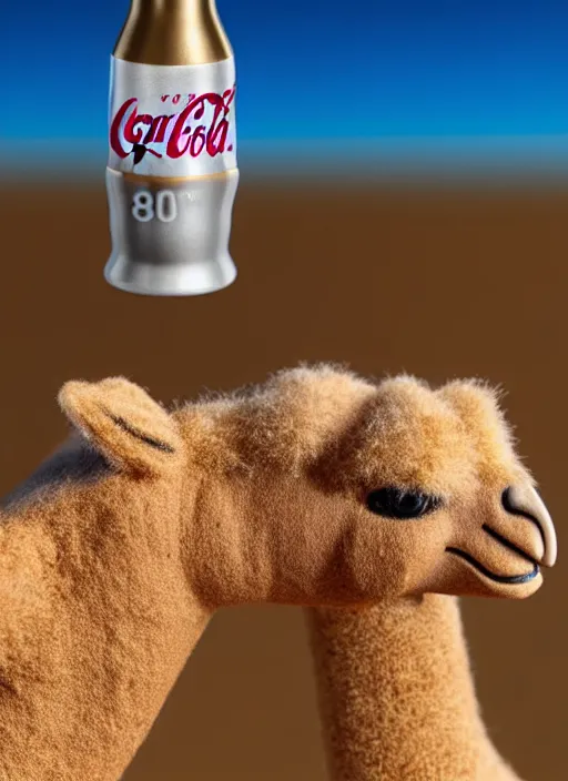 Prompt: 80mm resin detailed miniature of fluffy camel in desert, coca cola in camel head, in background there is fir, Product Introduction Photos, 4K, Full body, simple background