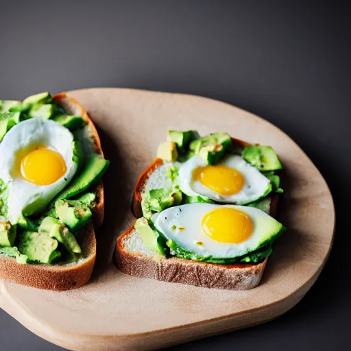 Prompt: duck egg, avocado, swiss cheese on toast. studio lighting.