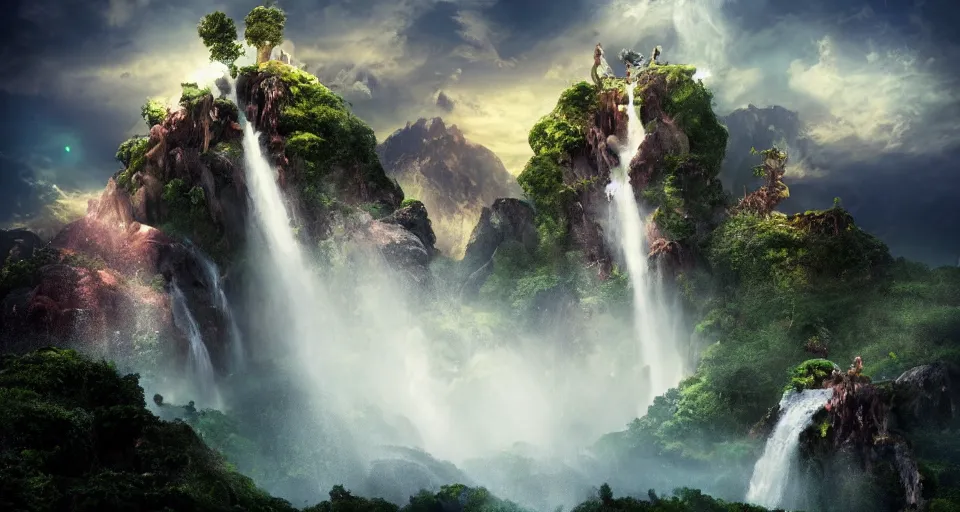 Image similar to An epic floating island in the sky, waterfall flowing down from the island, epic lighting, epic composition, cinematic