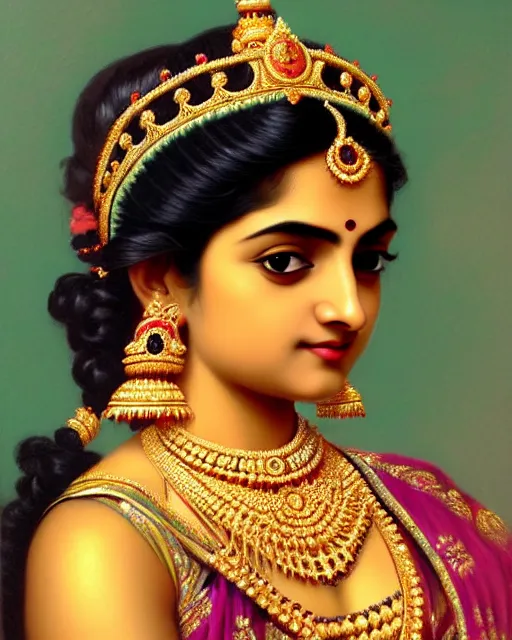 Image similar to photo of a gorgeous young Indian woman wearing elaborate heavy baroque jewelry and crown and rococo ornaments in the style of stefan kostic, realistic, sharp focus, symmetric, 8k high definition, insanely detailed, intricate, elegant, art by stanley lau and artgerm, William-Adolphe Bouguereau