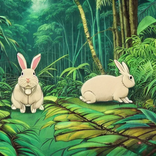 Prompt: rabbits chasing in tropical rainforest, hayao miyazaki