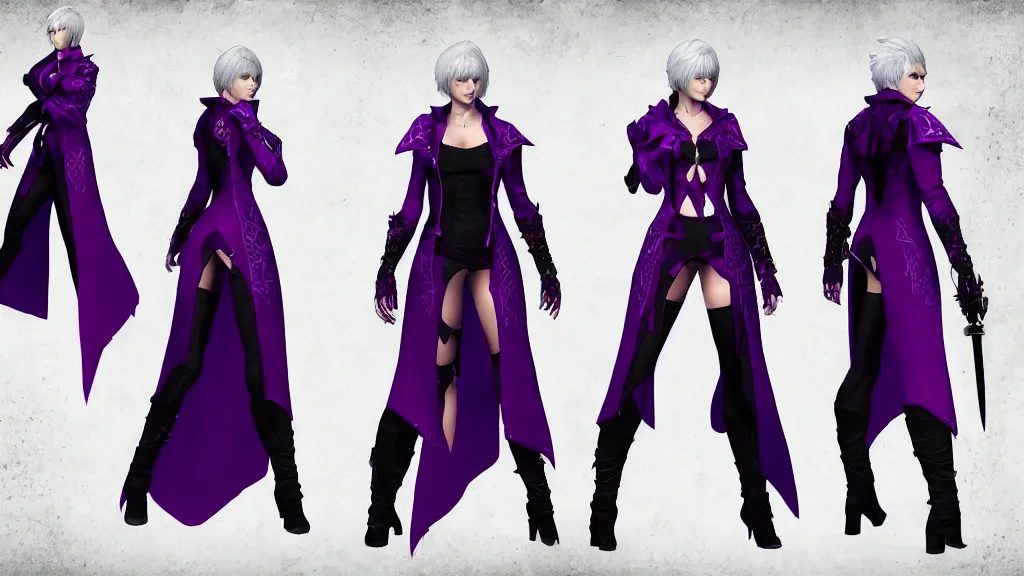Prompt: devil may cry Vergil's daughter character design sheet, female, purple and black outfit, ghost sword, intricate, trending on artstation