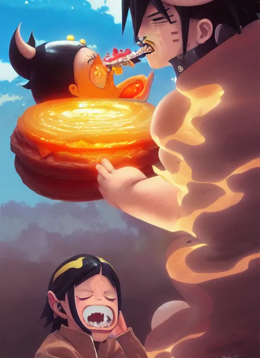 Prompt: highly detailed hamburger consuming naruto uzumaki with black hair, art by greg rutkowski, loish, rhads, ferdinand knab, makoto shinkai and lois van baarle, ilya kuvshinov, rossdraws, tom bagshaw, global illumination, radiant light, detailed and intricate environment