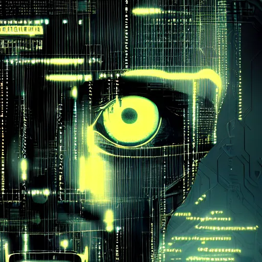 Image similar to a face covered in computer circuits, scifi, bladerunner, cyberpunk, heavy ink, yellow, very detailed eyes, 8 k resolution, by wlop, greg rutkowski