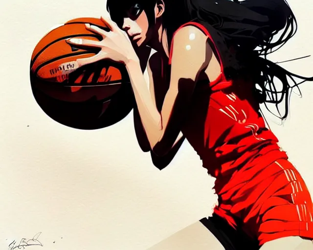 Image similar to a ultradetailed beautiful panting of a stylish woman dribbling a basketball, by conrad roset, greg rutkowski and makoto shinkai, trending on artstation