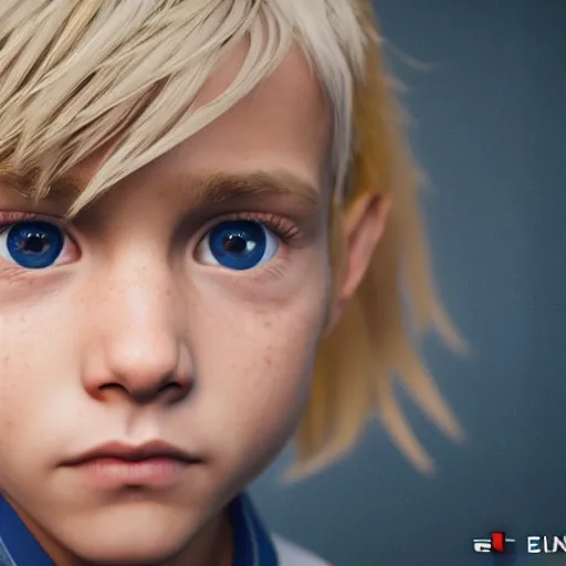 Image similar to a detailed portrait of boy with blonde hair and blue eyes, unreal engine 5 rendered, incredibly highly detailed and realistic, 8 k, sharp focus, studio quality