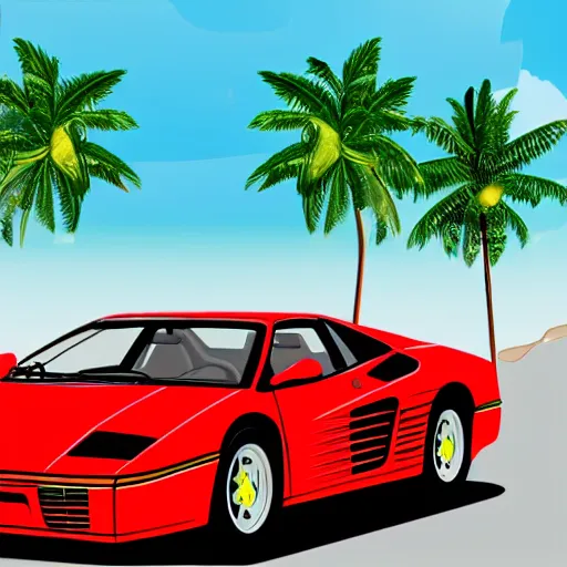 Image similar to a red Ferrari testarossa on a road next to a white sand beach with palm trees. 16bit graphics.