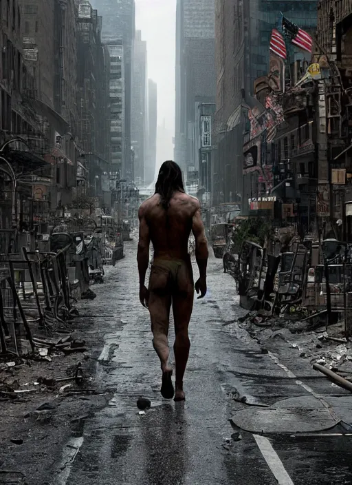 Prompt: film still, tarzan walk on the street of new york, post apocalyptic, symmetrical, 8 k, half body shot