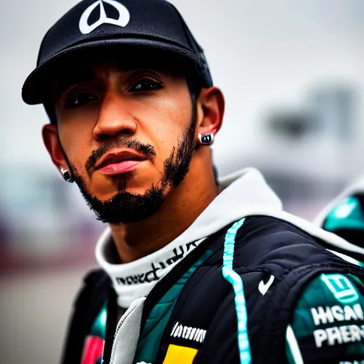 Prompt: closeup portrait of Lewis Hamilton at the formula 1 starting grid, by Steve McCurry and David Lazar, natural light, detailed face, CANON Eos C300, ƒ1.8, 35mm, 8K, medium-format print