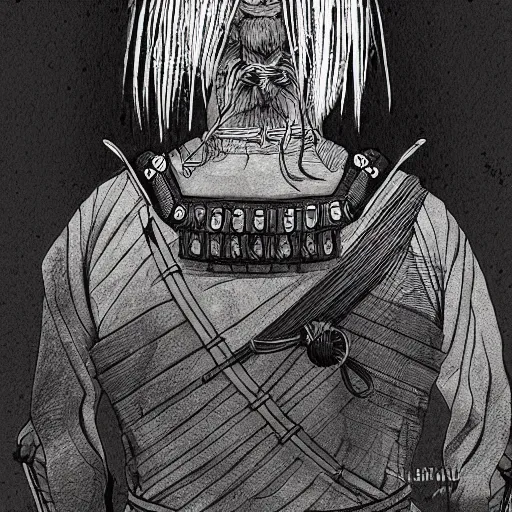 Image similar to a portrait from behind of a samurai man vagabond that holds chains, detailed, illustration, concept art, ink style, sketch