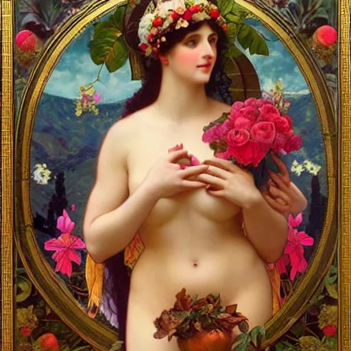 Image similar to beautiful oil painting of the goddess Aphrodite hugging a swan, ornate golden halo around her head, colourful apples, roses, and plants, golden ratio, by John William Godward and Anna Dittman and Alphonse Mucha, H 640