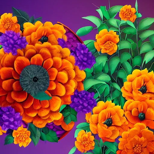 Prompt: a beautiful adorable matte digital painting of a pinata made of orange roses and orange chrysanthemums and purple poppies and green eucalyptus and green leaves, professional lighting, trending on artstation hq, contest winner