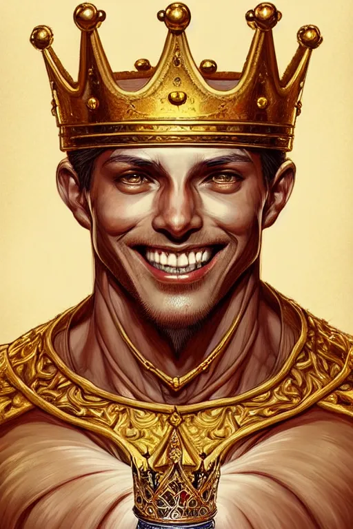 Prompt: digital art, centered full body of an smiling king, golden crown, ,intricate, veins, by James Jean and by artgerm , ultradetailed, charachter design, concept art, trending on artstation,