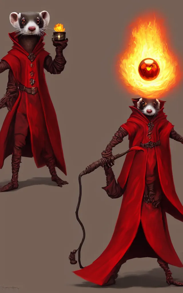 Image similar to a anthropomorphic ferret is a dark warlock dressed red robes, he's very menacing and evil, he's holding a fireball, hyperdetailed, artstation, cgsociety, 8 k