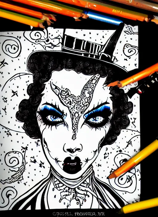 Image similar to witch burlesque psychobilly punk, detailed face, white background, drawing, illustration