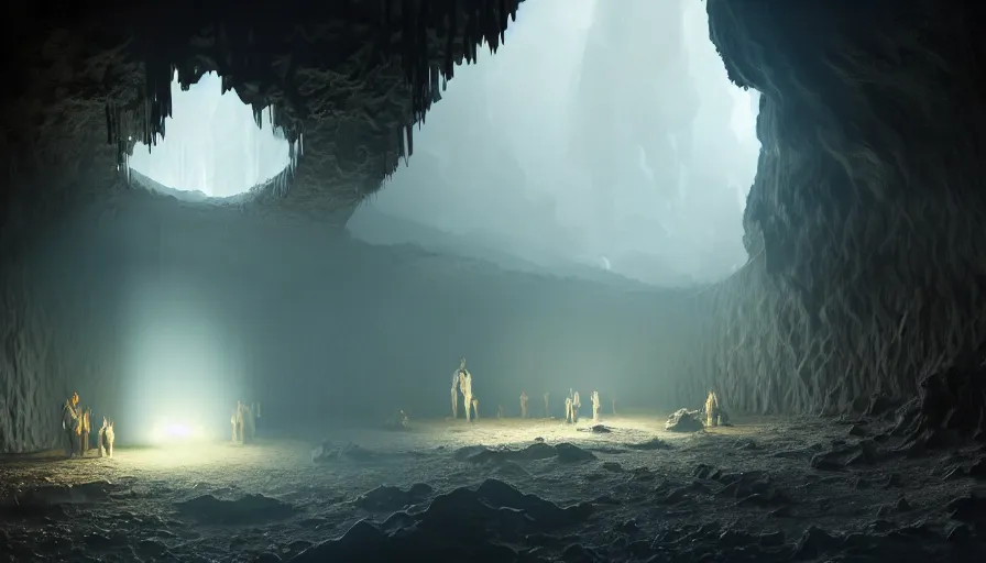 Image similar to high tech nomands exploring abandoned laboratory in volcanic cave, research station, hot lava, scifi, dark scifi, space horror, light, shadows, reflections, steam, epic composition, intricate, elegant, volumetric lighting, digital painting, highly detailed, artstation, sharp focus, illustration, concept art, ruan jia, steve mccurry