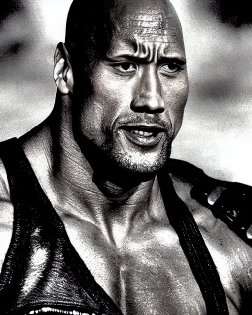 Image similar to film still close up shot of dwayne johnson in the movie mad max 2 the road warrior. photographic, photography