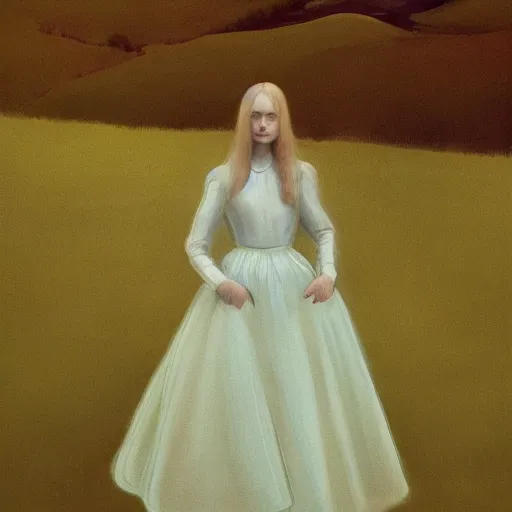 Prompt: Elle Fanning in the painted world of Purity Ring, head and shoulders masterpiece, apocalypse, golden hour, cosmic horror, artstation, in the style of Andrew Wyeth and Edward Hopper and Bosch, extremely detailed