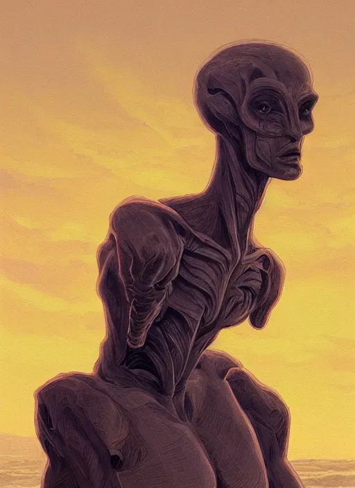 Image similar to semi reallistic gouache gesture painting, by Moebius, online artists, detailed anime 3d render of a reptilian alien on San Francisco Beach, at sunset, portrait, cgsociety, artstation, rococo mechanical, Digital reality, dieselpunk atmosphere, gesture drawn