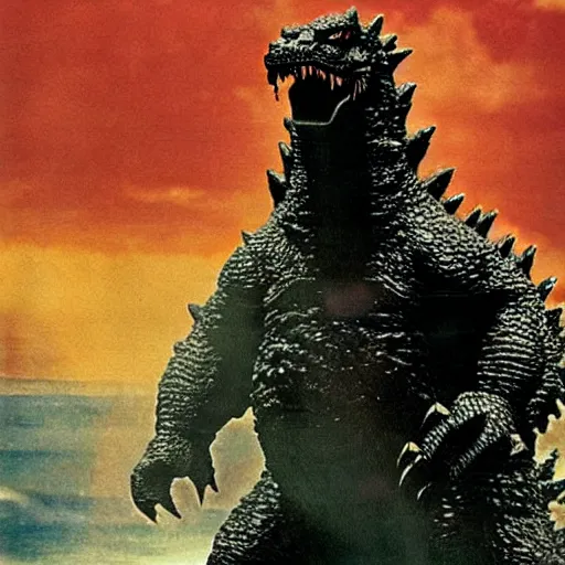 Prompt: a photo of classic godzilla making aphone call, funny, scary, weird, roaring, derp