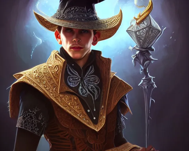 Image similar to a mind - blowing portrait of a young shadow mage male, wearing a vest with diamond pattern, wearing a wizard hat, joyful, d & d, fantasy, intricate, elegant, highly detailed, digital painting, artstation, concept art, matte, sharp, illustration, hearthstone, art by artgerm and greg rutkowski and alphonse mucha