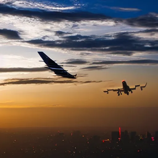 Image similar to photograph of various aircraft over Los Angeles at sunset