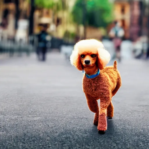 Prompt: a small poodle, walking on the street, on a leash, owner on the right hand side, photorealistic, 4k