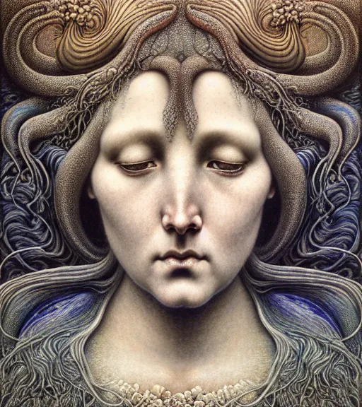 Image similar to detailed realistic beautiful tidepool goddess face portrait by jean delville, gustave dore, iris van herpen and marco mazzoni, art forms of nature by ernst haeckel, art nouveau, symbolist, visionary, gothic, neo - gothic, pre - raphaelite, fractal lace, intricate alien botanicals, ai biodiversity, surreality, hyperdetailed ultrasharp octane render