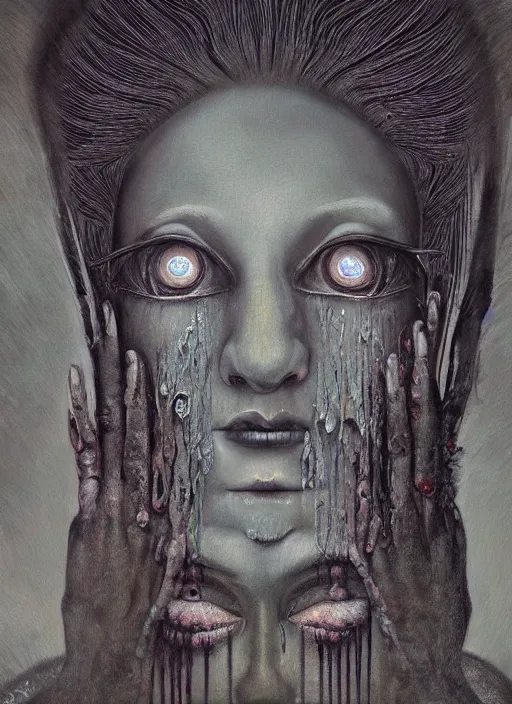 Image similar to dramatic portrait painting of woman with large crying eyes with black mandelbrot fractal instead of face, in style of zdzisław beksinski, horror, body horror,