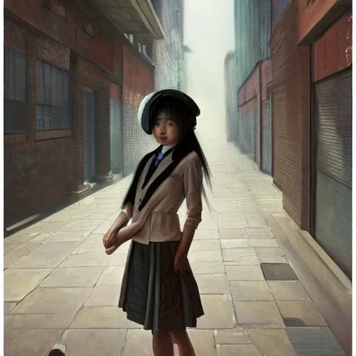 Image similar to a perfect, realistic professional oil painting in Dali style, of a Japanese schoolgirl posing in a dystopian alleyway, close-up, by a professional American senior artist on ArtStation, a high-quality hollywood-style concept