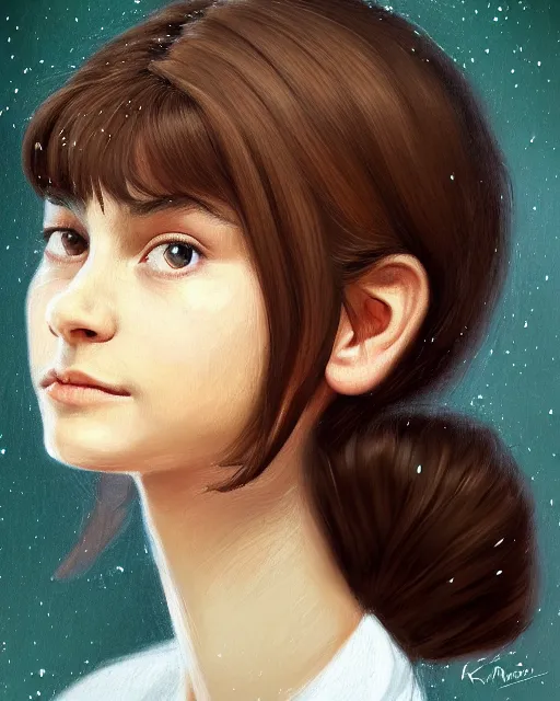 Prompt: !dream portrait of a welsh teenage girl with brown hair, glowing skin, delicate features, quiet beauty, amelie poulain, cute ears, teenage audrey tautou, fantasy, intricate, elegant, dress shirt, highly detailed, digital painting, artstation, concept art, smooth, sharp focus, illustration, art by Krenz Cushart and Artem Demura and alphonse mucha, floral background