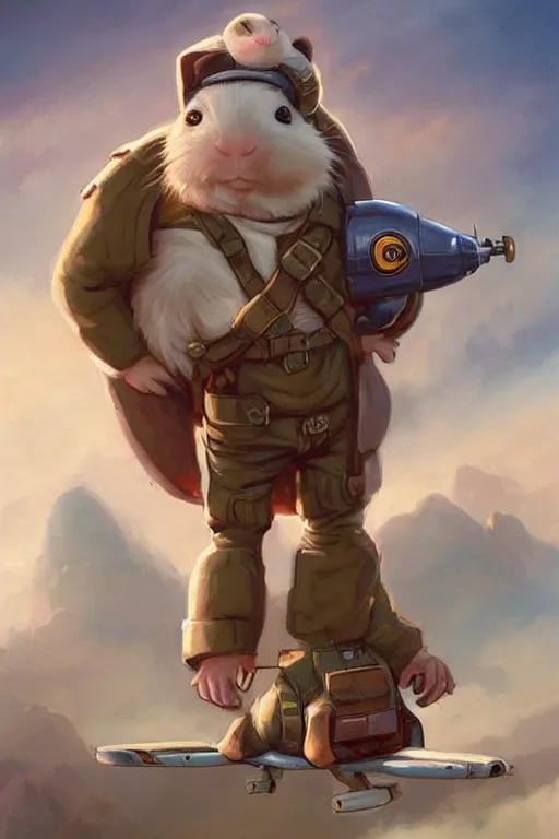 Image similar to cute little anthropomorphic Guinea Pig Pilot standing next to its plane, tiny, small, short, Pilot driver outfit, cute and adorable, pretty, beautiful, DnD character art portrait, matte fantasy painting, DeviantArt Artstation, by Jason Felix by Steve Argyle by Tyler Jacobson by Peter Mohrbacher, cinematic lighting