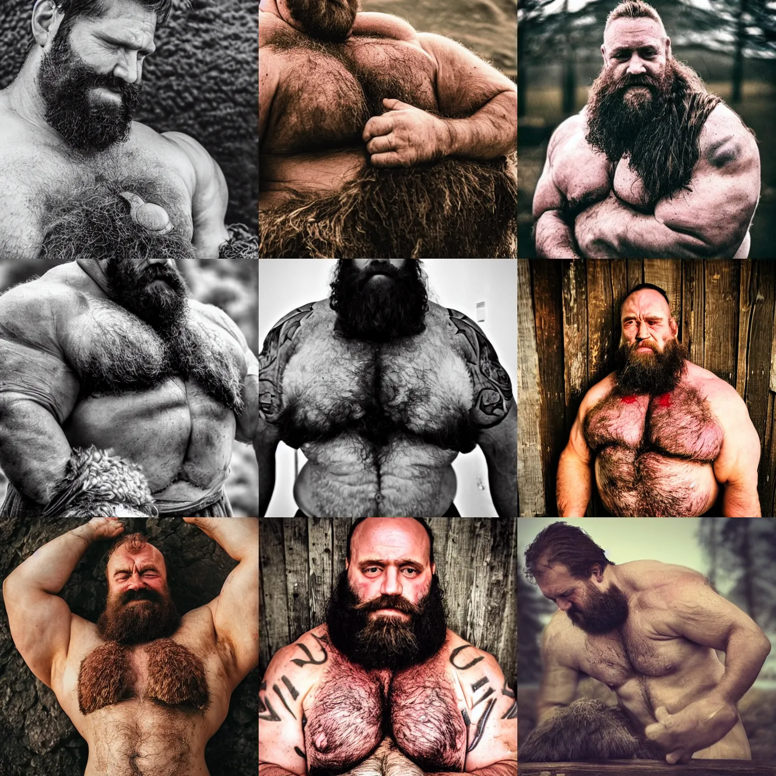 Prompt: strongmen, hairy, resting on chest, warmth, cozy, wholesome, comforting, love, highly detailed, epic, vikings, rustic, manliness, photography, soothing