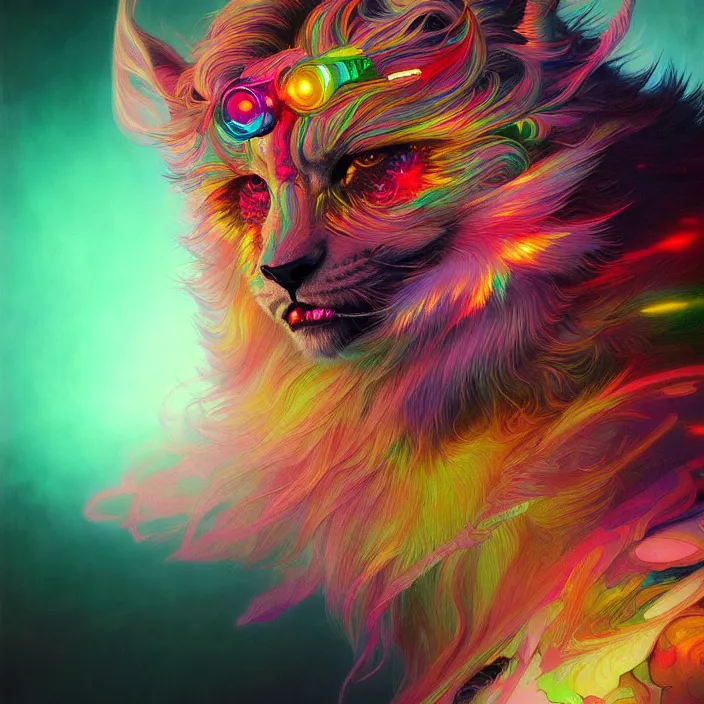 Image similar to bright psychedelic fluffy hairy animal cyborg, diffuse lighting, fantasy, intricate, elegant, highly detailed, lifelike, photorealistic, digital painting, artstation, illustration, concept art, smooth, sharp focus, art by John Collier and Albert Aublet and Krenz Cushart and Artem Demura and Alphonse Mucha