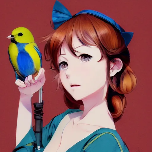 Prompt: colored pencil, anime art, beautiful full body female pinup girl, she is holding an indigo bunting bird, in her hand, the bird is wearing a bowtie, wlop, rossdraws sakimimichan, ilya kuvshinov, krenz cushart, greg rutkowski