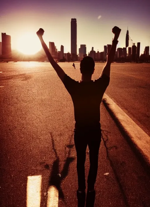 Image similar to a 3 5 mm photo from the back of a scientist raising a fist in triumph, standing in front of a city, splash art, movie still, bokeh, canon 5 0 mm, cinematic lighting, dramatic, film, photography, golden hour, depth of field, award - winning, anamorphic lens flare, 8 k, hyper detailed, 3 5 mm film grain