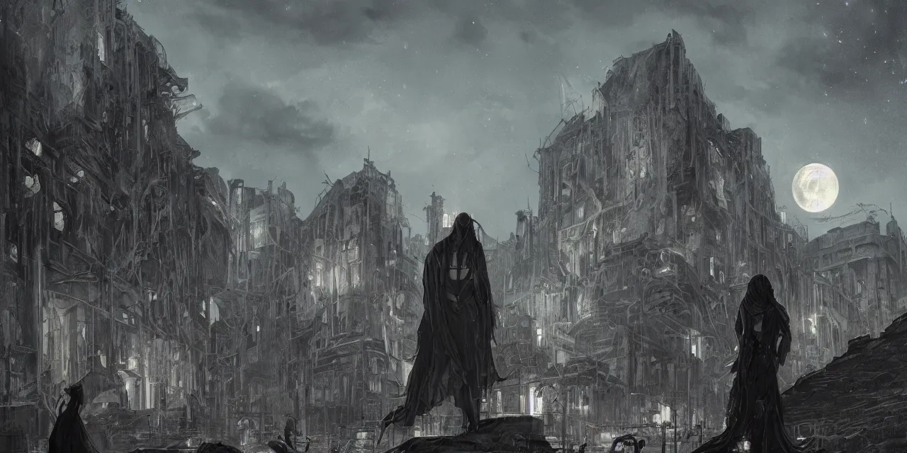 Prompt: a detailed illustration of a weeping woman against the background of a ravaged city and a dark moonlit sky, artstation, by Frederik Heyman, Art Nouveau, sophisticated, Unreal engine, dystopia, anti-utopia, post processing, nostalgic melancholic artwork, intricate, masterpiece, stunning, artstation