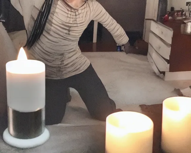 Image similar to transparent horror spirit attacks in living room with summoning circle candle lights out interior photos shot on iphone, dynamic pose, full body shot, sharp focus, grainy, corpse, paranormal flashlight, deep night,,