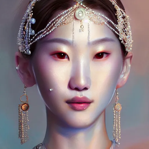 Image similar to a beautiful portrait of a pearl goddess with glittering skin, a detailed painting by sim sa - jeong, featured on cgsociety, fantasy art, detailed painting, artstation hd, photorealistic