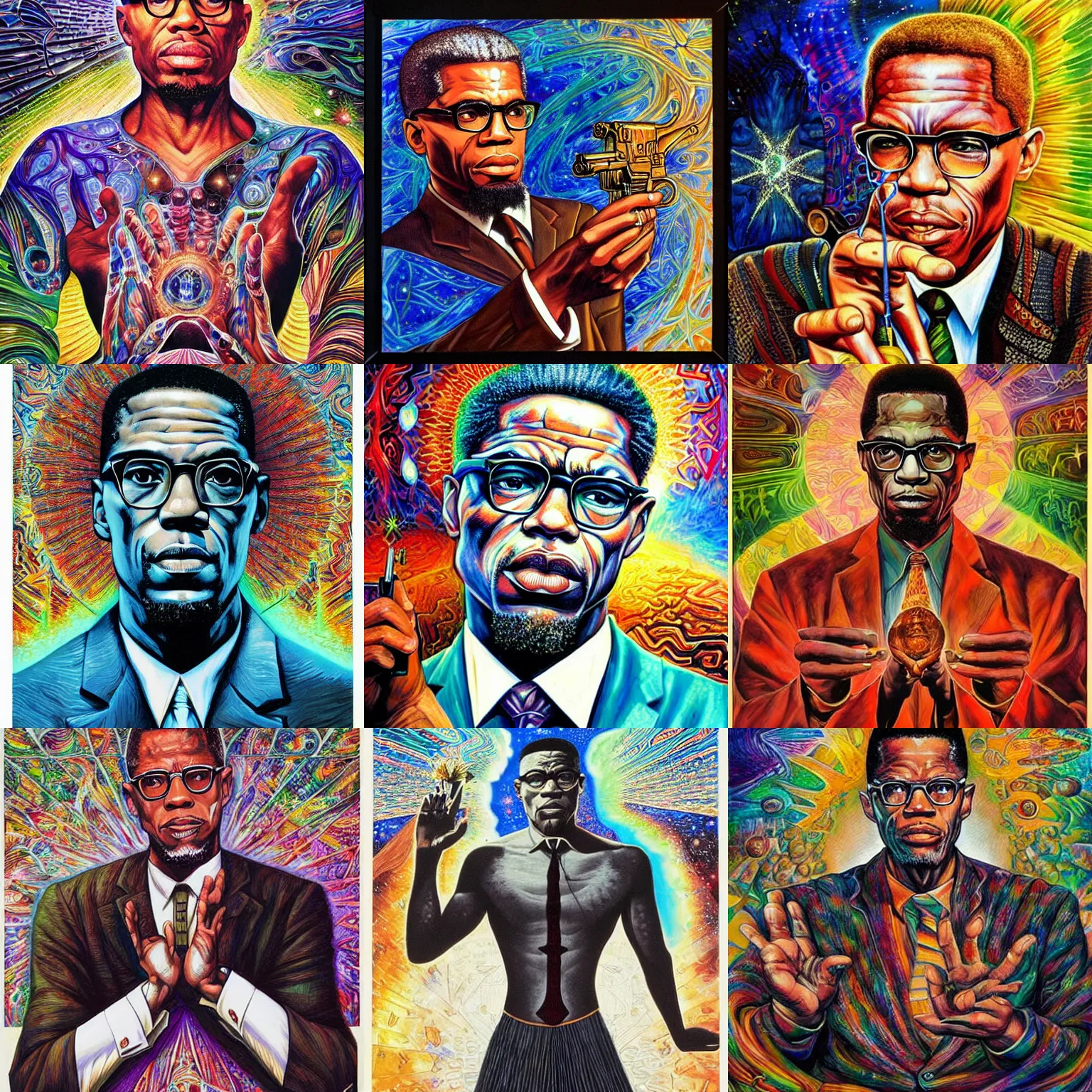 Prompt: Malcolm x holding an uzi painting by android jones in the style of cosmic christ by alex grey