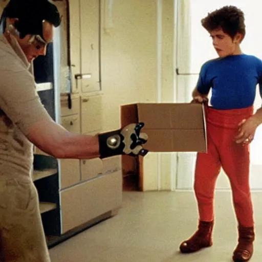 Image similar to photo of young robert downey jr putting in a brown cardboard fake ironman costume, helmet off